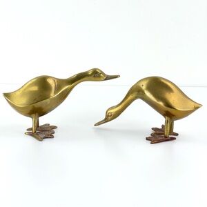 2 Vintage Brass Duck Pair Figurine Geese Set Of Birds MCM decor 8”